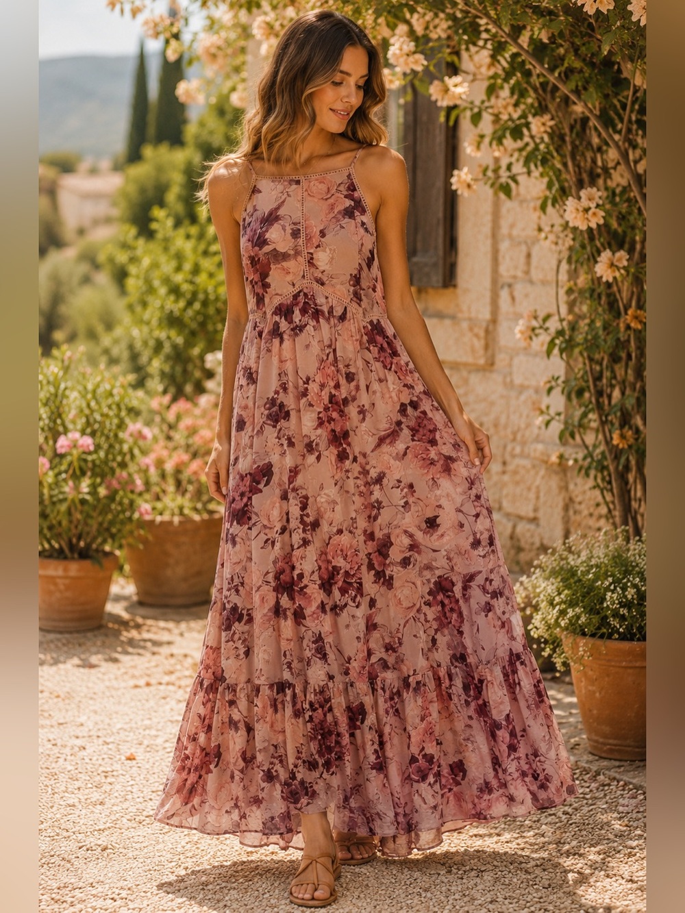 Coco + Jaimeson Floral Maxi Dress Medium Pink Boho Cottagecore Tiered Romantic